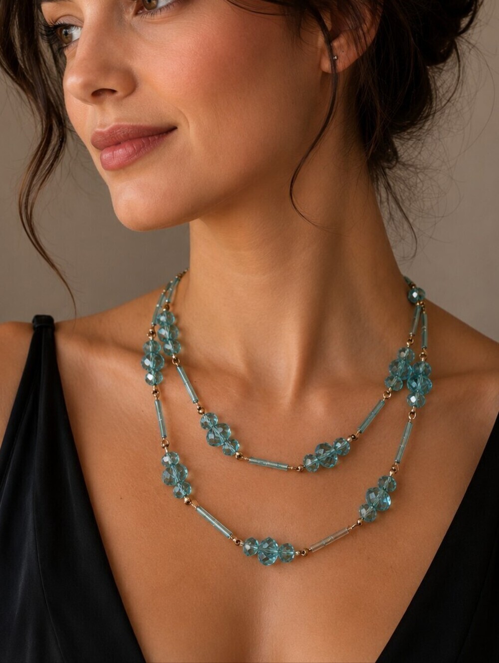 Vintage Blue Crystal Tube Beaded Necklace